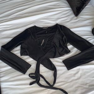 Black slinky tie front long sleeve crop top